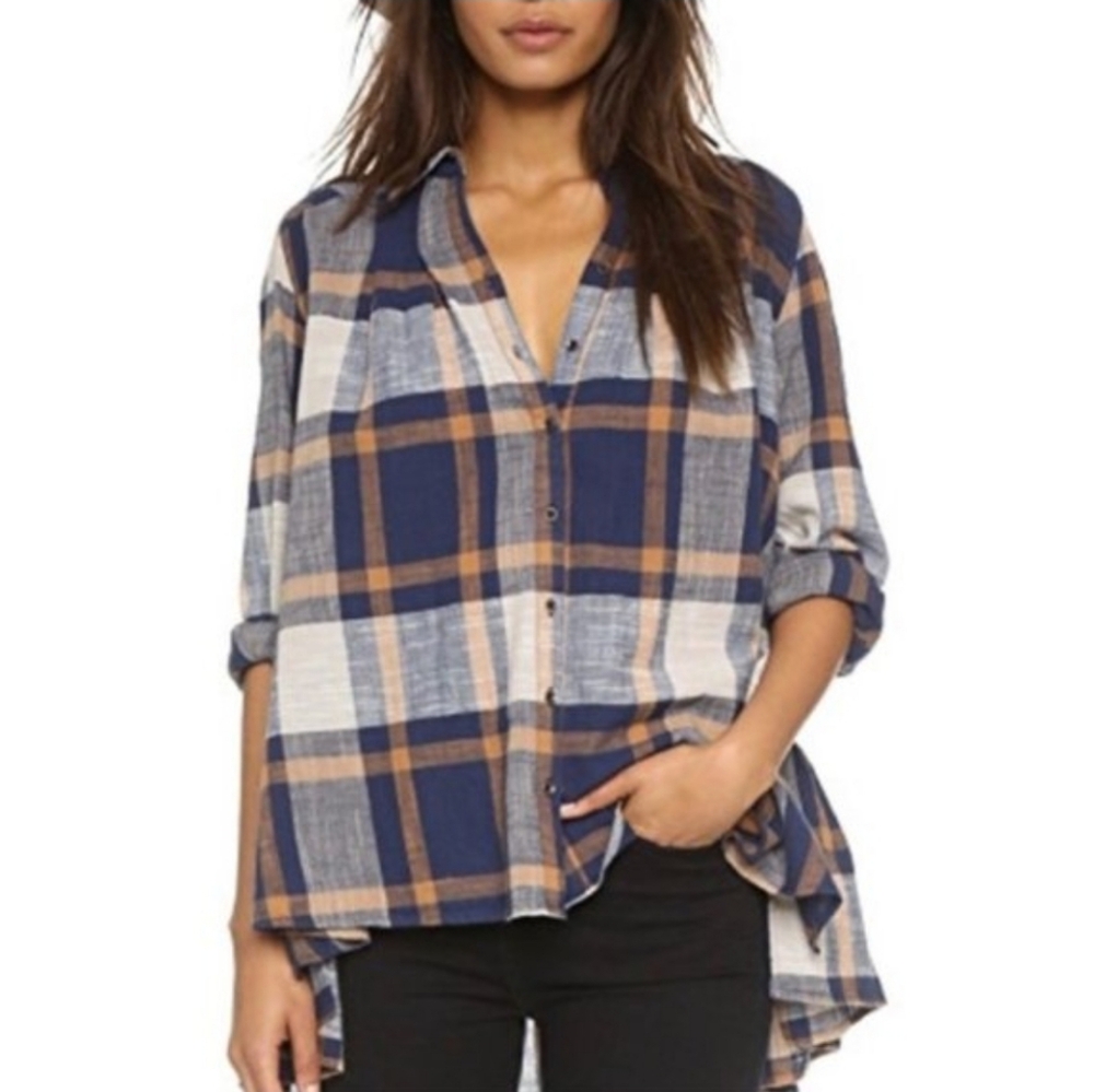Free People Peppy In Plaid Ruffle Hem Button-Up Hi-Low Oversized Flannel Top